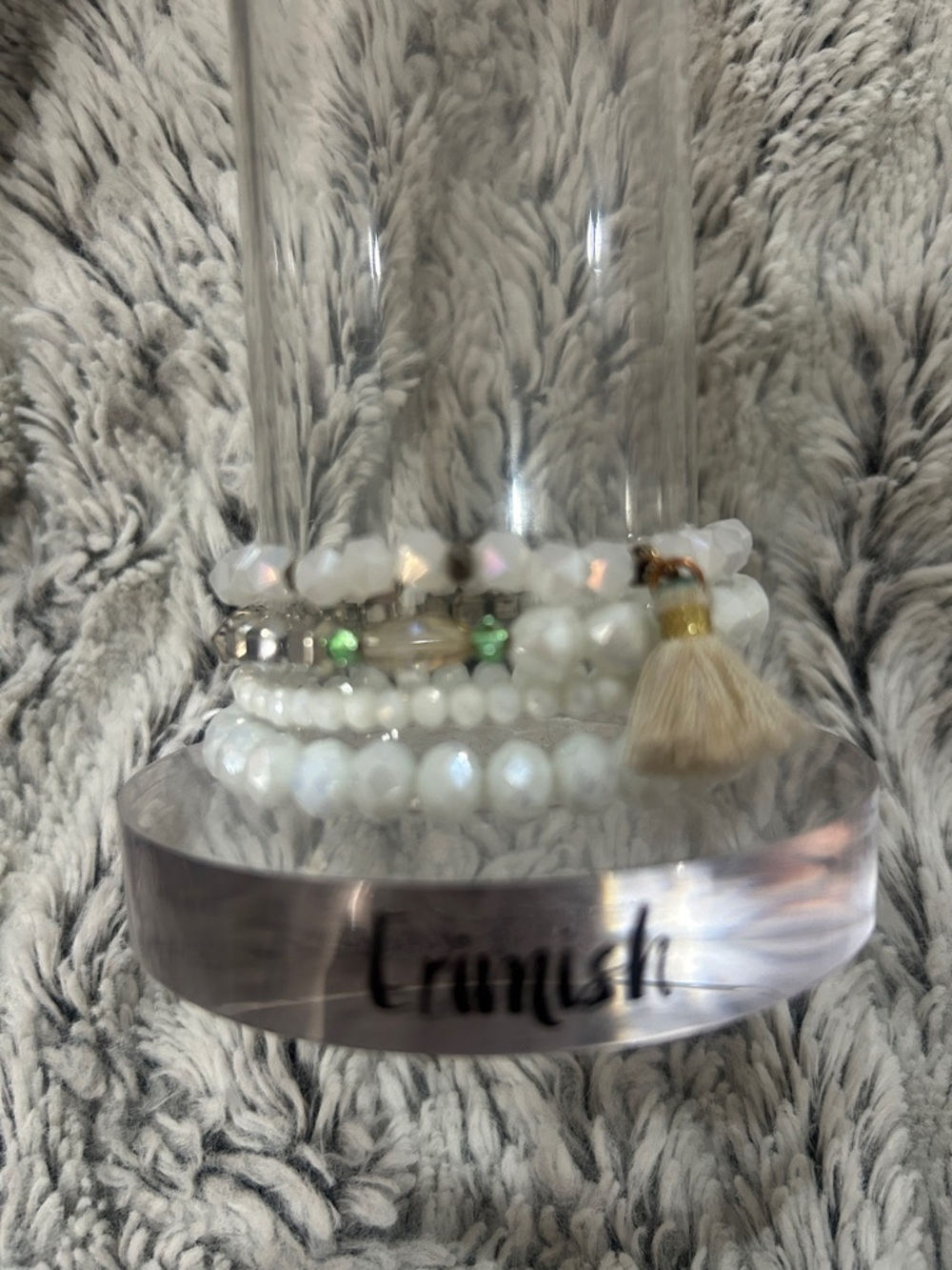 Erimish Stacked White Beaded Bracelet Set with Tassel and green accent beads